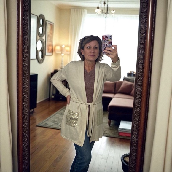 Daisy Fuentes Womens Tan Sequin Pocket Belted Cardigan Sweater Size Medium - Picture 8 of 8